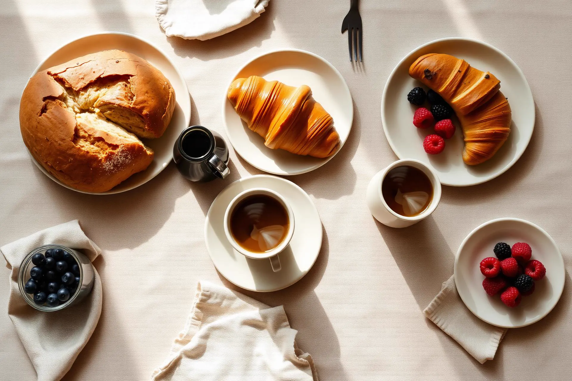 Table de brunch artisanal vue du dessus avec sourdough, croissants et café