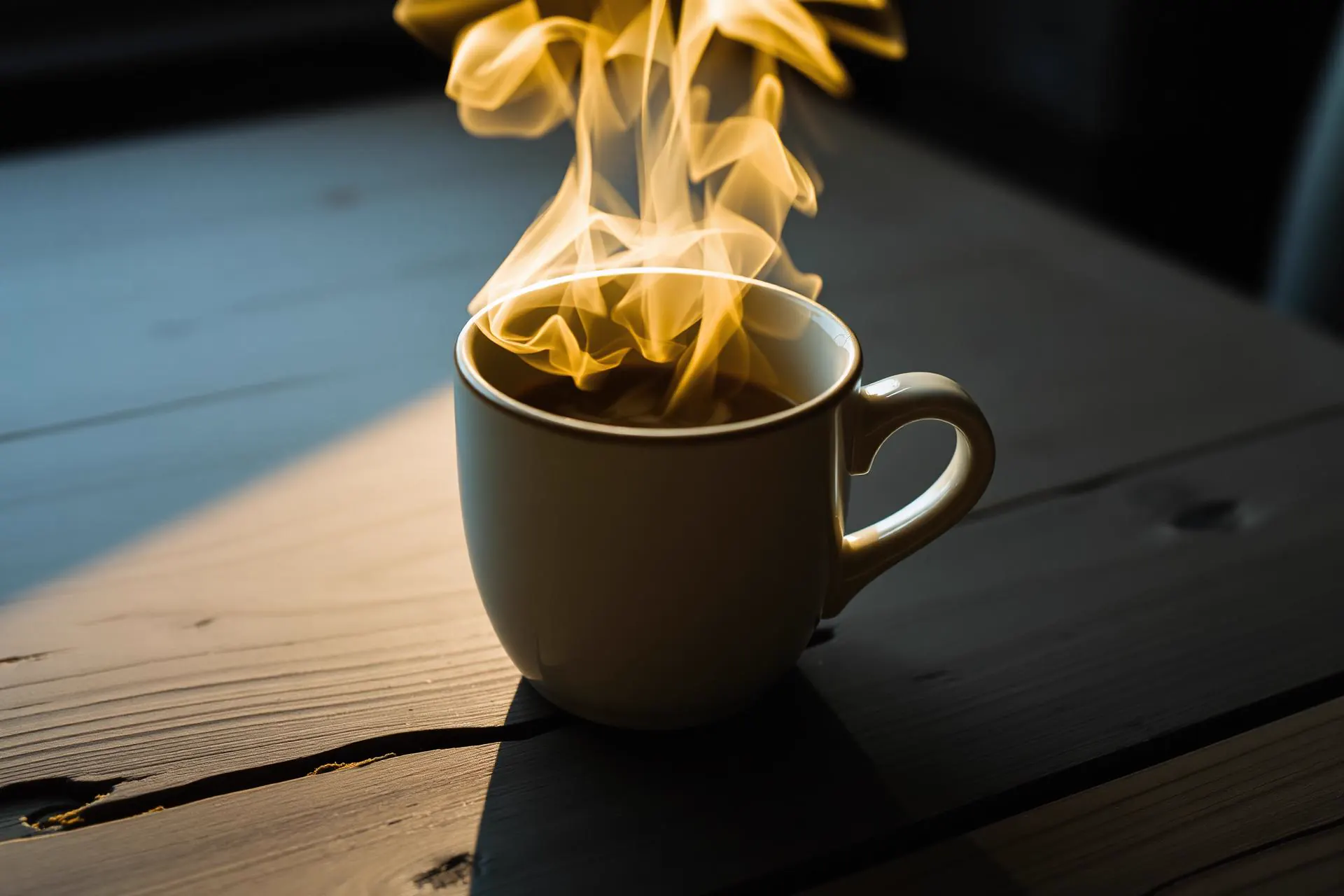 Vapeur s'élevant d'une tasse de café en céramique dans la lumière chaude