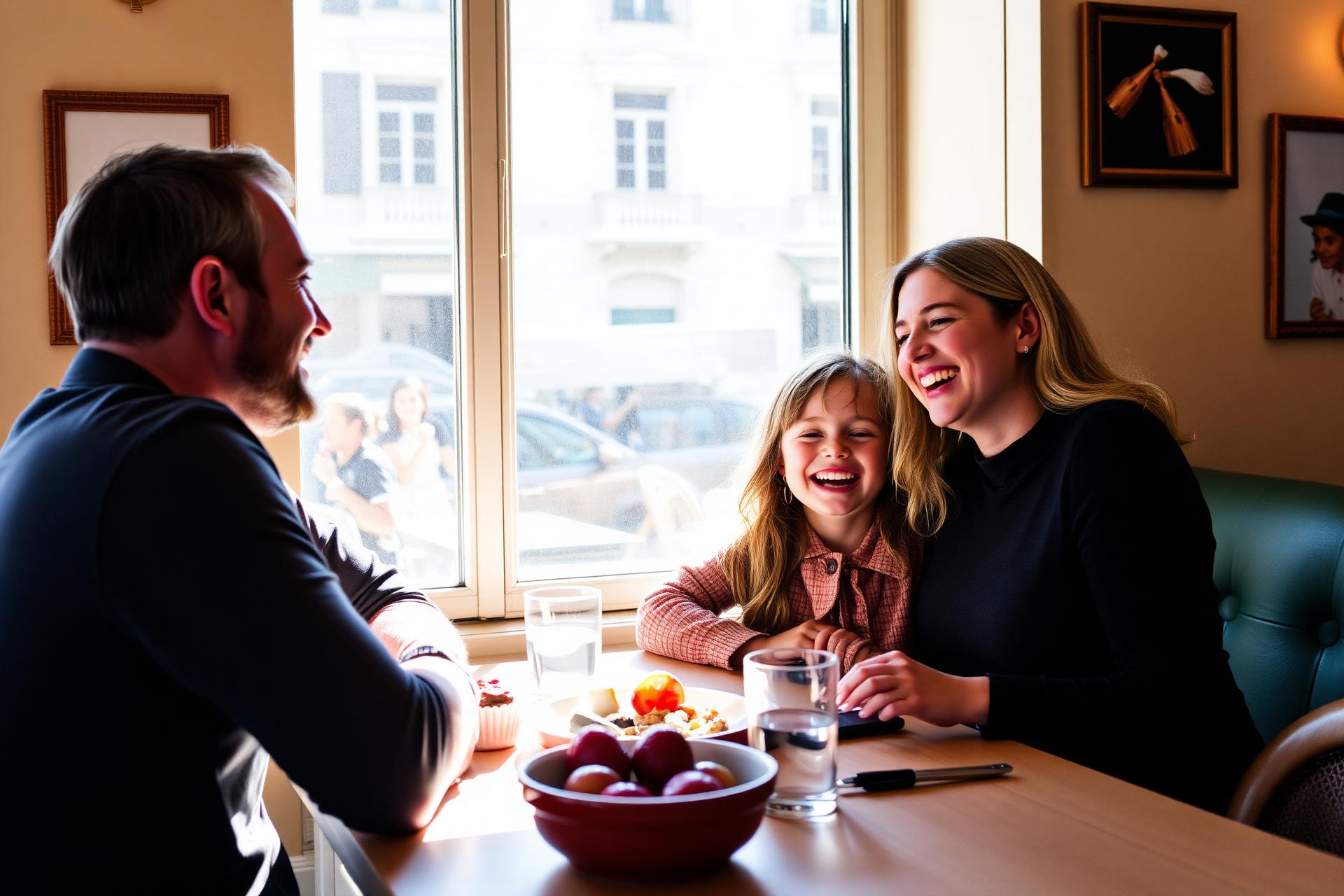 Famille riant ensemble autour d'un brunch ensoleillé