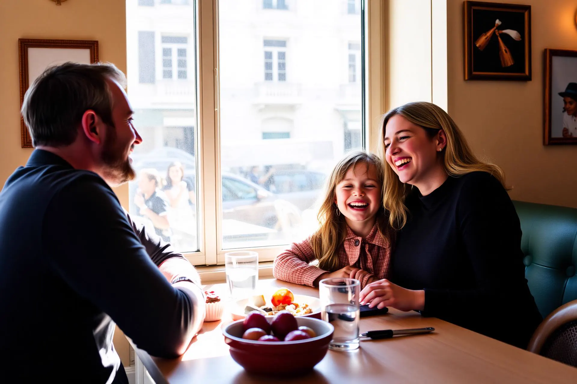 Famille riant ensemble autour d'un brunch ensoleillé