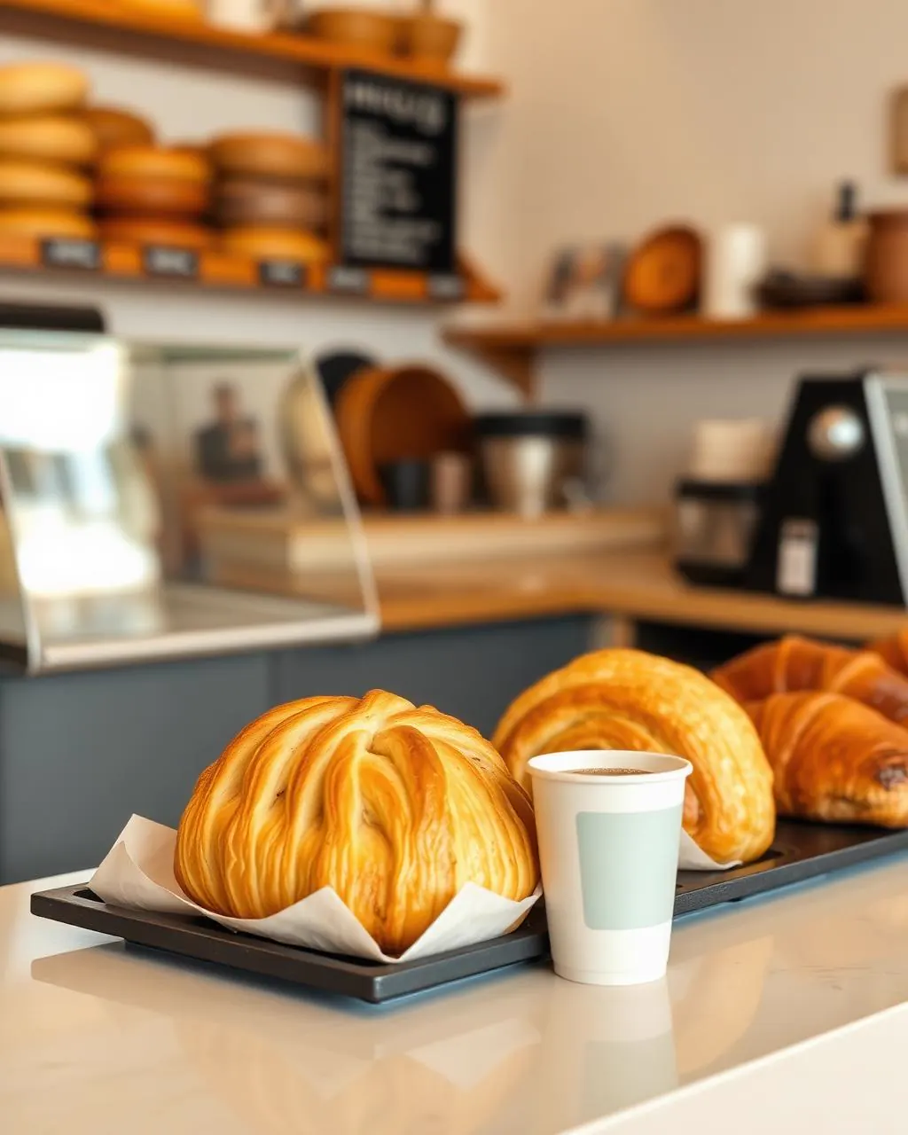 Viennoiseries dorées et café à emporter