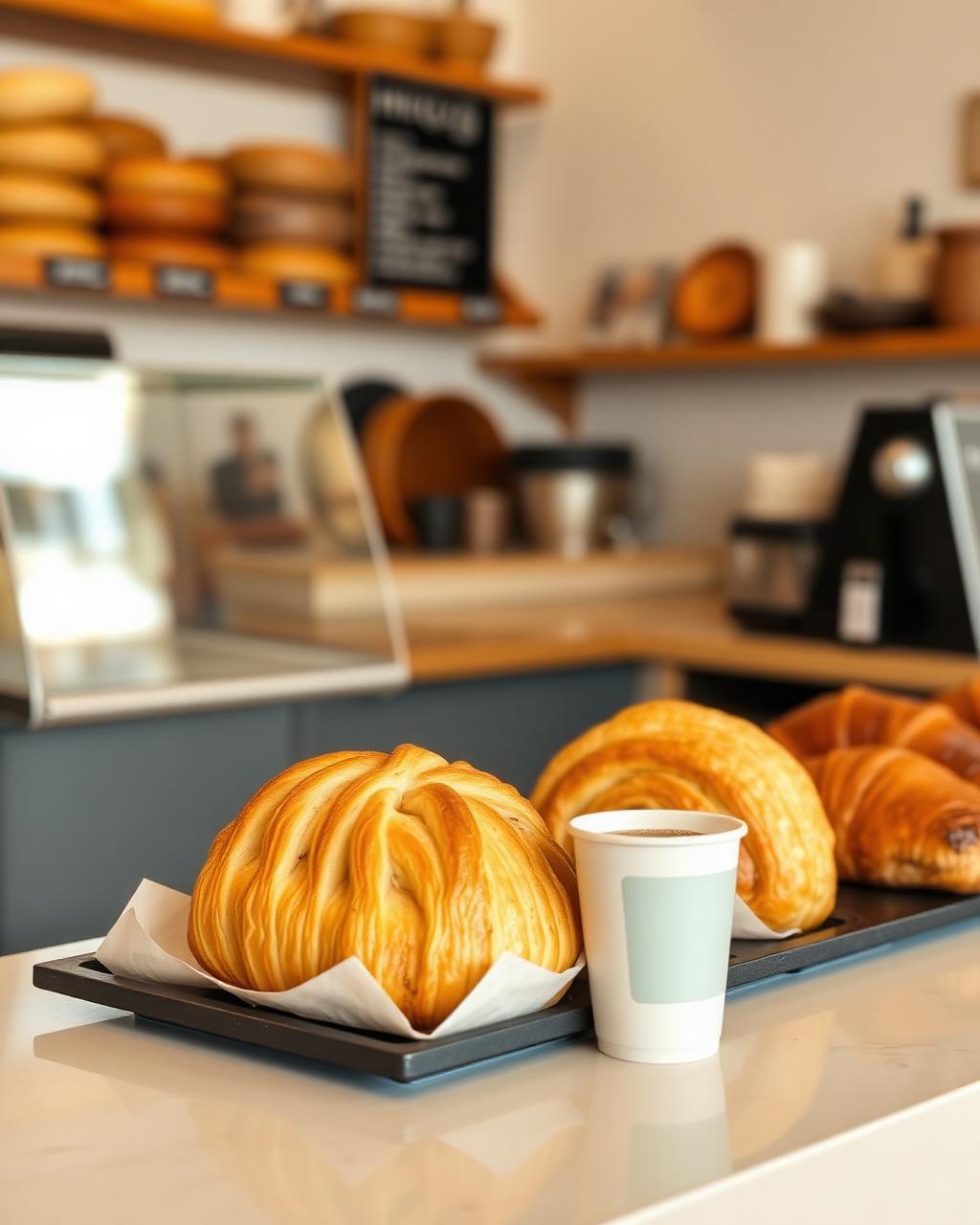 Viennoiseries dorées et café à emporter